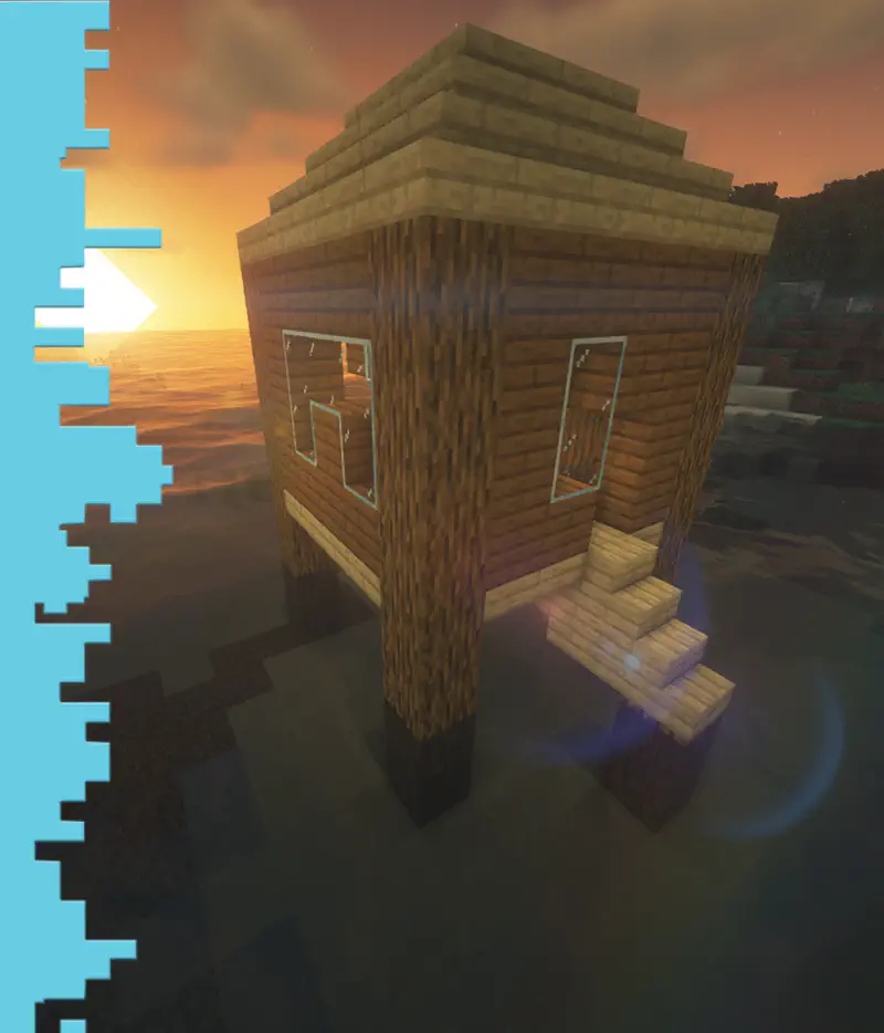 Wooden stilt house over water at sunset in Minecraft with glowing windows and stairs.