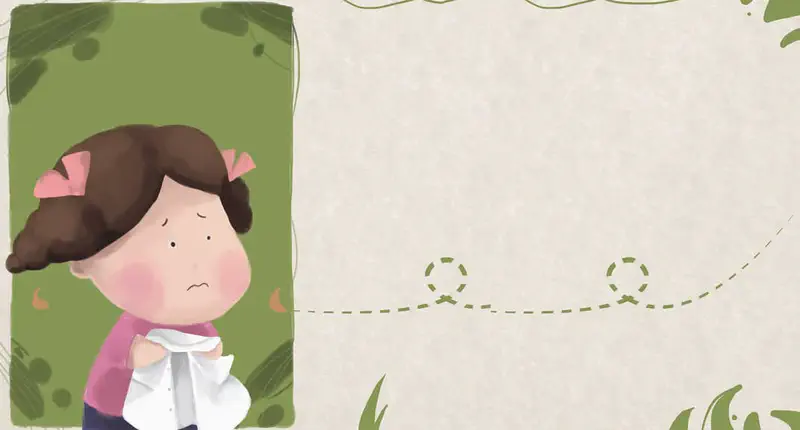 Sad girl with pink bows in brown hair holding white cloth against green leafy background.