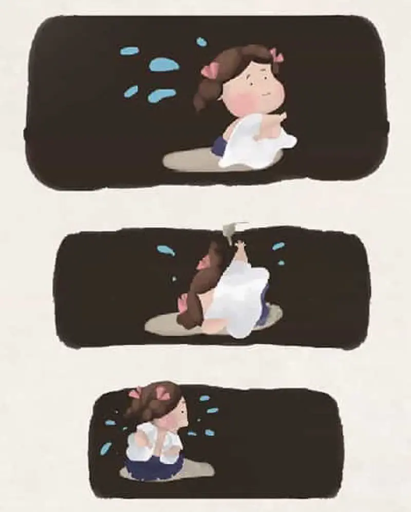Three panels showing girl with pink bows washing white cloth in water at night.