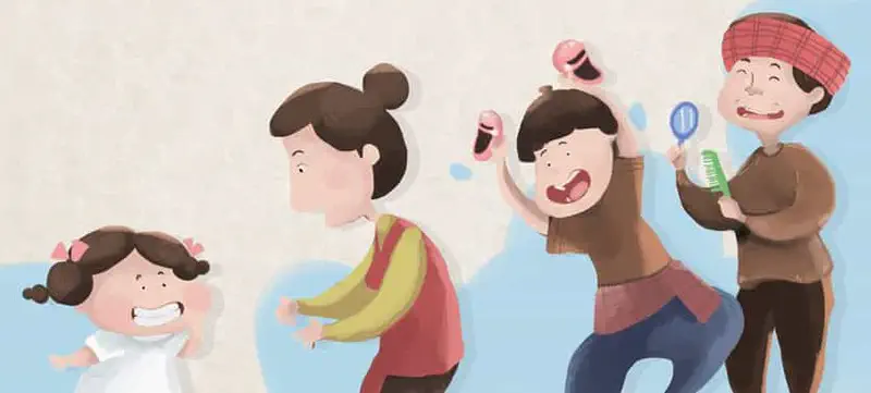 Girl in dark room calling to family members visible through lit doorway waving.