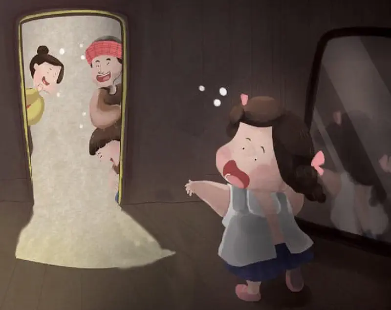 Girl with pink bows looking up smiling under tree branch with butterfly and leaves.