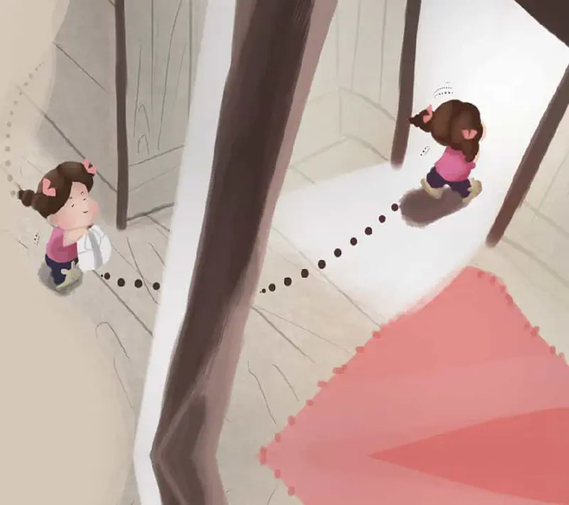 Girl watching grandmother in yellow sweater sweep autumn leaves with broom in yard.