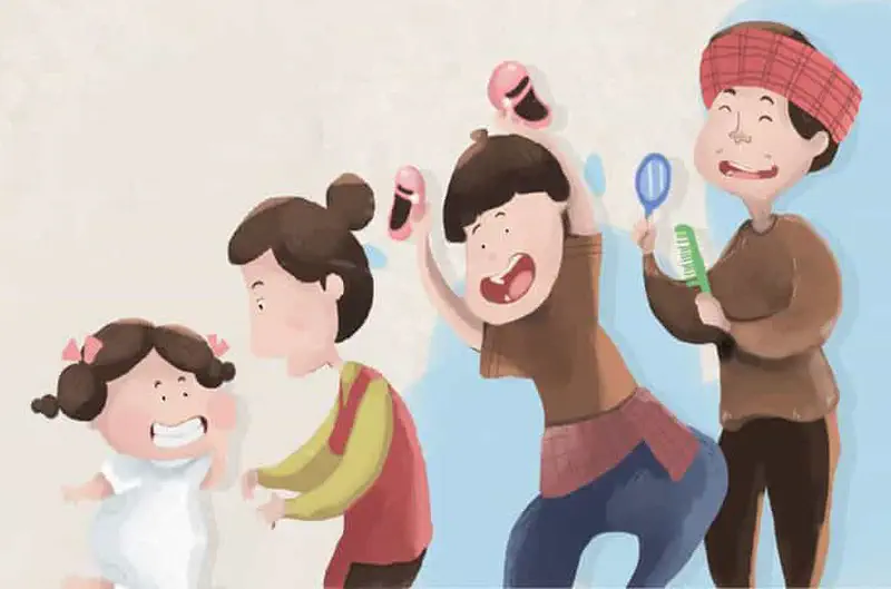 Happy family getting ready together with grooming items, mother, father, and brother laughing.