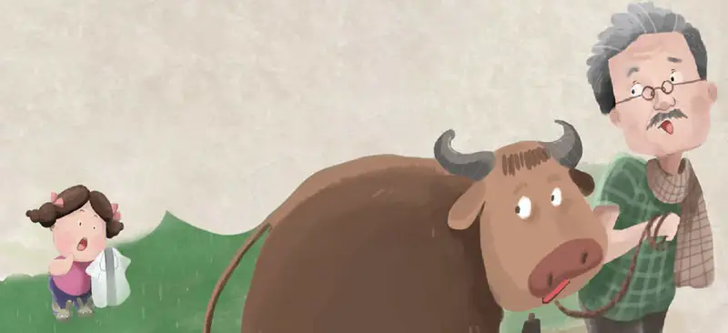 Girl with pink bows looking up at grandfather with glasses leading brown water buffalo on grass.