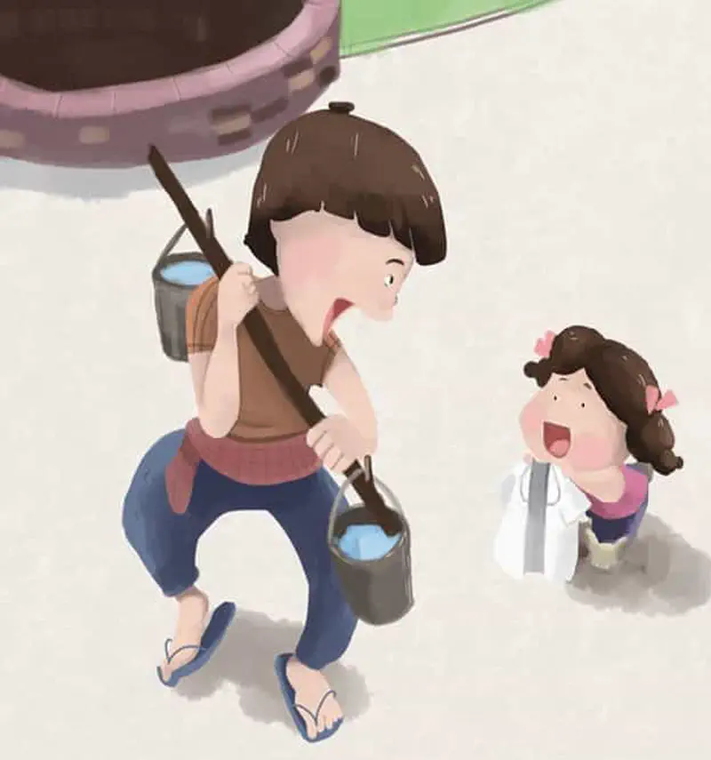 Boy carrying water buckets on pole looking at happy girl with pink bows in village.