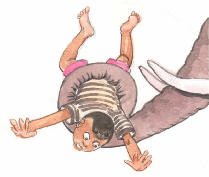 Boy in striped shirt tumbling upside down next to large elephant trunk in watercolor style.