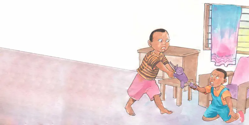 Two angry boys fighting over purple toy hippo in room with colorful curtains by window.