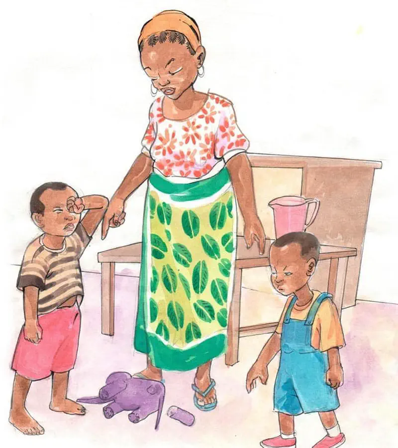 Mother in leaf-print skirt separating two upset boys with broken purple toy on floor.