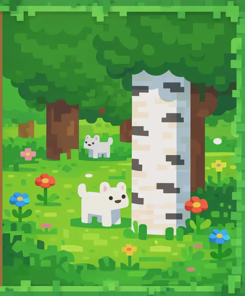 An outdoor forest scene rendered in a Minecraft-style blocky aesthetic. On the right side of the image, a prominent white birch tree trunk with dark markings stands in the foreground, flanked by a large dark-green oak tree to its right and another oak visible in the background. Colorful flowers dot the ground among green grass and tall grass tufts. Two small white animals roam freely on the grass — one near the base of the birch tree and one further back near the oak tree. The left side is a plain brown/tan background area suitable for text overlay, framed by a green leafy border around the entire image.
