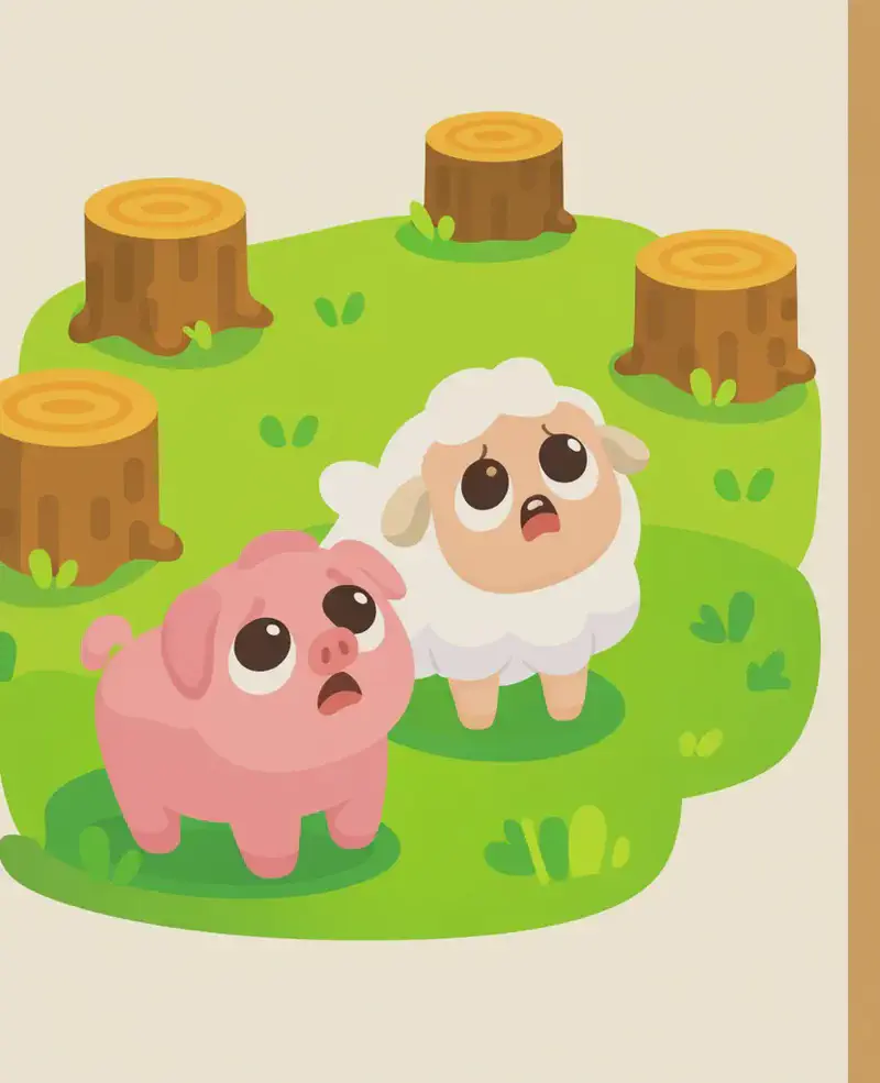 On the left side of the image, a pink pig and a white sheep stand on a grassy outdoor area surrounded by freshly cut tree stumps, looking upward with worried, lost expressions as their forest home has been cleared. The right ~40% of the image is a plain brown/tan background area left open for text overlay.