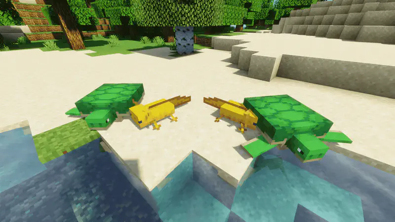 Green Minecraft sea turtles and yellow tropical fish resting on sandy beach near water.