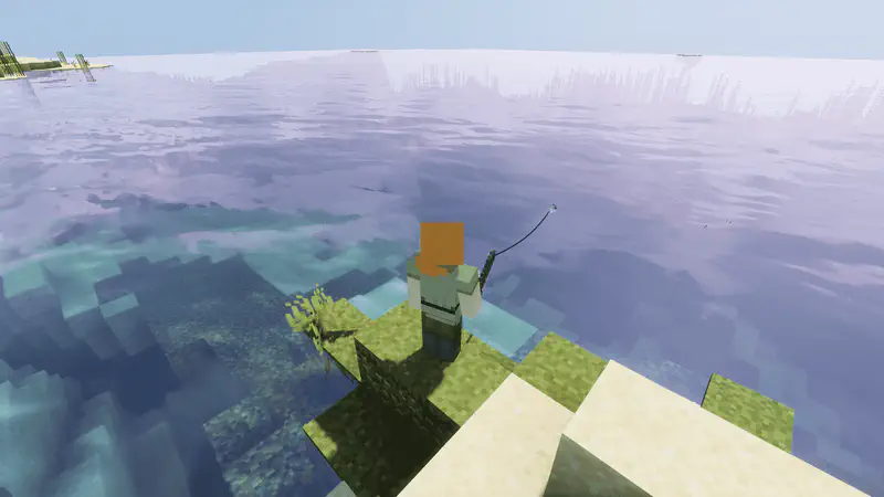 Minecraft player with orange hair fishing from small green island in vast blue ocean.