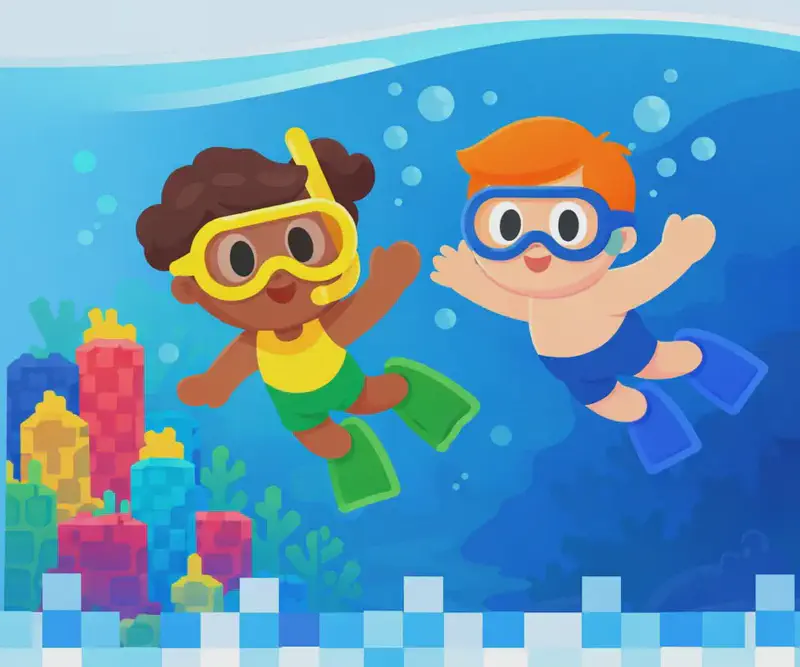 A vast Minecraft ocean biome scene shown in a split cross-section view, with a pale sky and pink-tinged clouds in the upper right above the waterline and bright blue water below. The left half of the underwater area is open, lighter blue water, while the water deepens to darker blue toward the right edge. In the center, colorful blocky coral formations — pink, red, teal, and yellow — rise from the ocean floor along with kelp and sea plants. Two cheerful snorkeling children swim just right of center among rising bubbles: a dark-skinned child with curly brown hair wearing a yellow mask and snorkel, yellow top, green shorts, and green flippers, and a light-skinned child with orange hair wearing a blue mask, blue shorts, and blue flippers, one arm outstretched. A pixelated wave border runs along the bottom edge of the image.