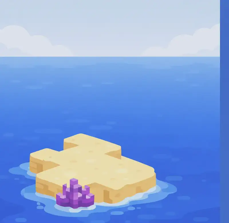 A small sandy Minecraft-style island surrounded by vast ocean water, viewed from a slight distance to emphasize isolation. The island juts up from the deep blue sea with just a seam of beach and sand visible. Misty, overcast skies stretch across the background, creating a sense of scale. A small purple coral or crystal formation is visible in the bottom-left corner near the water's edge. The right side of the image is dominated by a large expanse of deep blue ocean, providing clear space for text overlay. No characters are present in the scene.