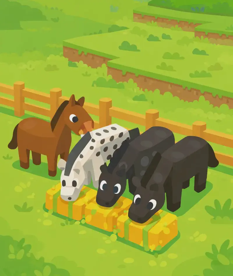 On the right side of the image, a group of Minecraft horses — brown, white with black spots, and dark black — stand together on a grassy plains biome near a wooden fence, some lowering their heads to graze on hay bales placed along the fence line. The left side is open green plains, providing clear space for text. The scene is set outdoors in bright daylight with rolling green grass, patches of dirt, and scattered vegetation in the background. A small chicken appears in the bottom-left corner of the frame.