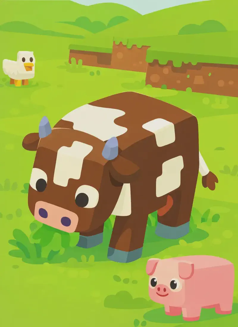 On the right side of the image, a Minecraft cow stands on a grassy plains biome, head lowered as it peacefully grazes on the grass. The scene is set outdoors in bright daylight with rolling green terrain and patches of dirt visible in the background. A chicken can be seen further back in the middle of the scene, and a pink pig stands near the bottom-right corner of the frame.