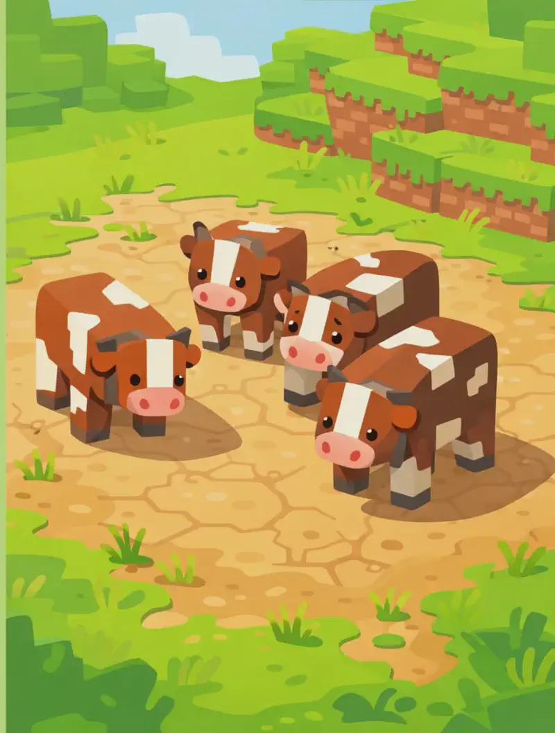 On the right side of the image, several Minecraft-style cows stand on a large patch of dry dirt and dust where the grass has been completely eaten away, surrounded by green blocky terrain. The cows are grouped together, grazing or standing idle on the bare, cracked ground, illustrating overgrazing. Thin patches of dying grass and exposed soil extend outward from where the cows stand. The scene is set outdoors in bright daylight across a grassy hillside landscape rendered in Minecraft's signature pixelated, blocky style.