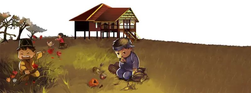 Children in traditional clothing playing near stilt house, one boy examining items on ground.