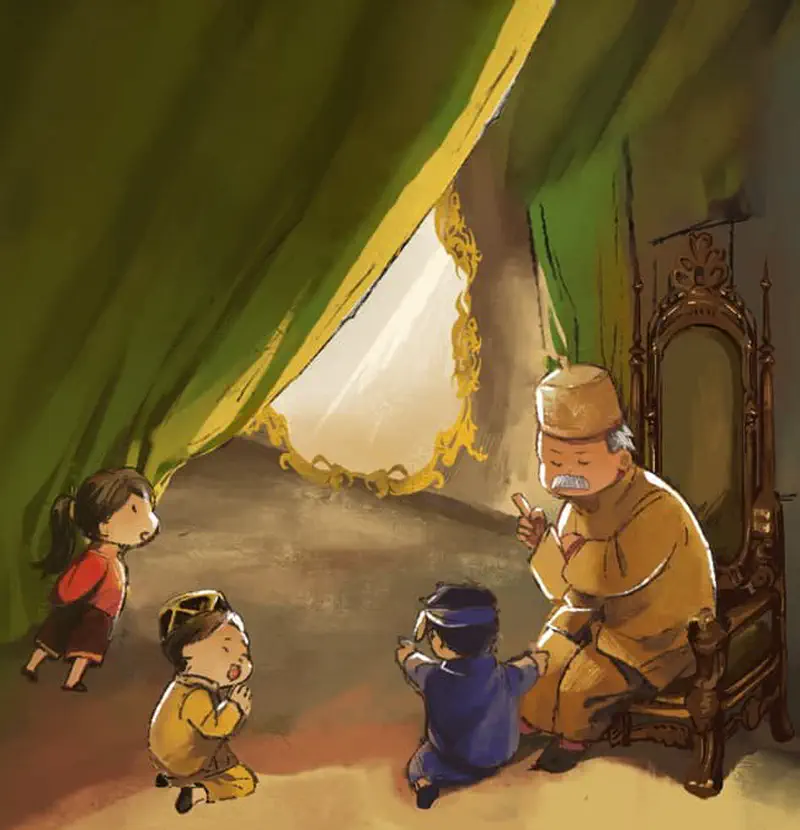 Elder in golden robe speaking to three children in traditional clothing in room with green curtains and ornate mirror.