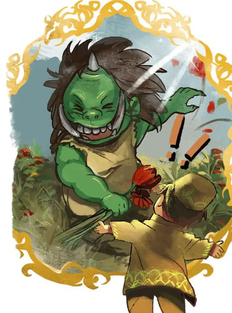 Green ogre monster with horns offering red flower to surprised boy in golden frame border.