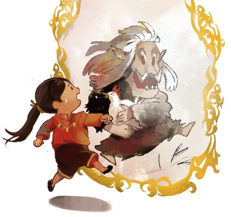 Girl in red dress running from hairy beast creature holding chicken in ornate golden frame.