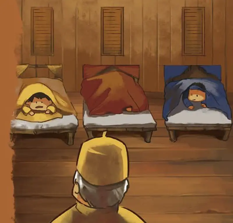 Elder in yellow watching two children sleeping under blankets in wooden bedroom with three beds.