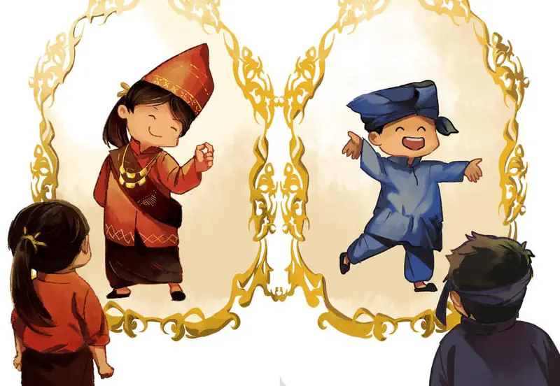 Two children in ornate golden frames wearing traditional clothing, girl dancing and boy jumping happily.