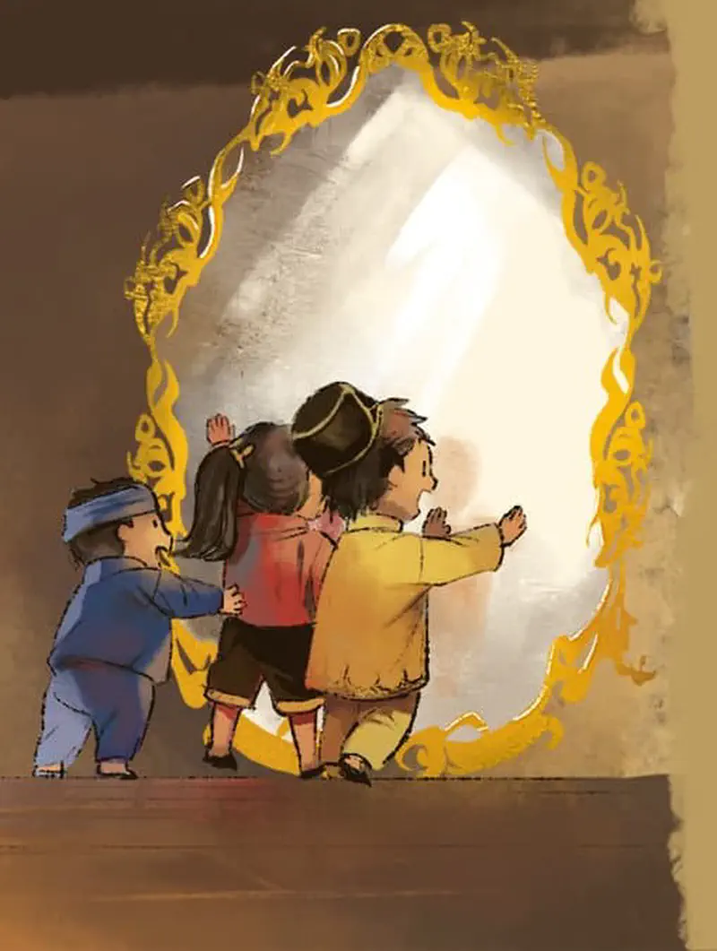 Three children kneeling and reaching toward glowing ornate golden mirror on wall.