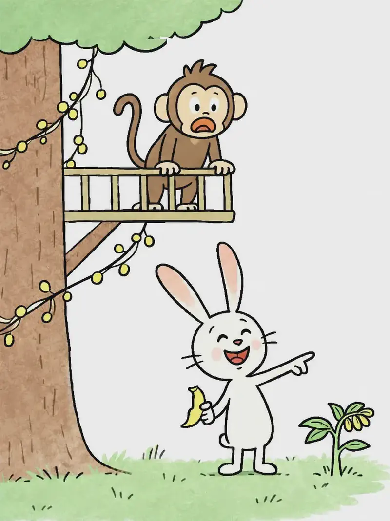 On the left side of the image, Rabbit stands upright on the grass, holding a banana in one hand and pointing with the other toward a small banana plant growing nearby. Rabbit has a cheerful, laughing expression, completely unbothered. Behind Rabbit, a large tree dominates the left edge, with Monkey perched on a small wooden platform high up on the trunk, peering down over the railing with a surprised expression. Vines with small yellow fruits hang from the tree's branches. The scene is set outdoors in a lush, green backyard setting on a bright day, with the right side of the image fading to plain white background.