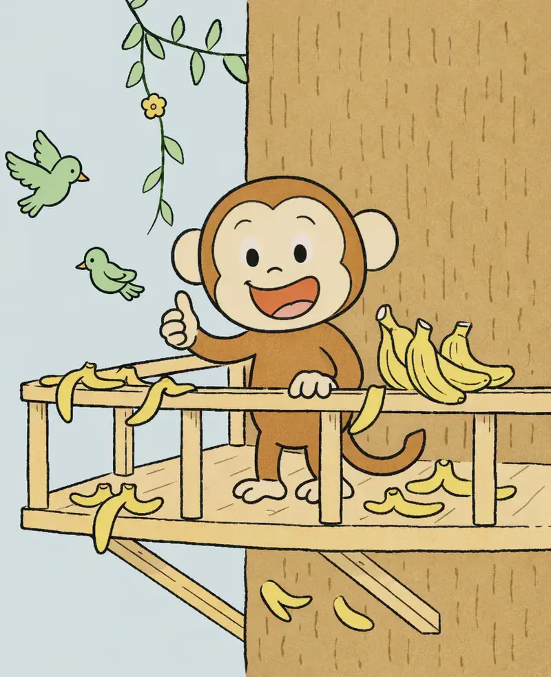 On the right side of the image, Monkey stands in a wooden treehouse built against a large tree, leaning on the railing with a wide, laughing grin and one hand raised with a thumbs-up, looking as though having a sudden joyful realization. Banana peels are scattered all around the treehouse railing and on the deck below. A bunch of bananas sits on the railing beside Monkey. The left side is open sky with a soft blue watercolor background; a couple of small green birds fly near the tree's branches and vines.