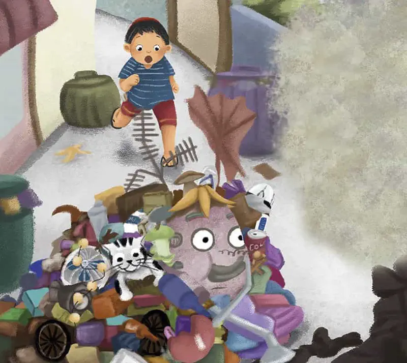 Surprised boy in striped shirt looking at pink trash monster and cat in junk pile in yard.