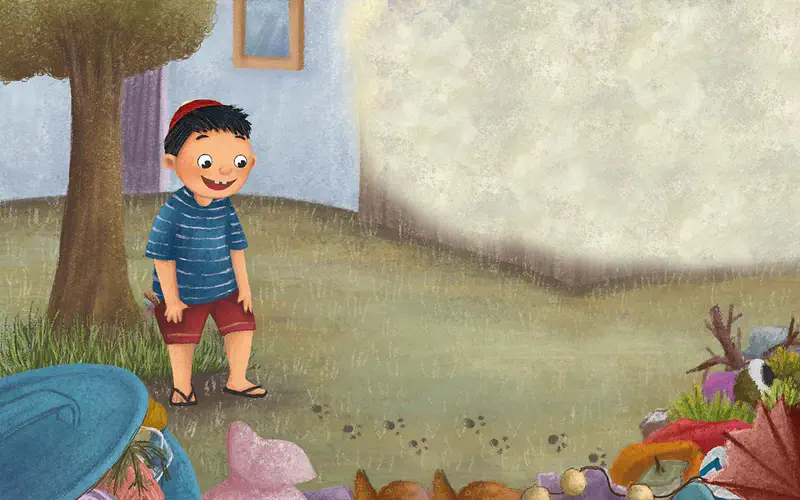 Smiling boy standing in yard near tree looking at junk piles on ground near house.