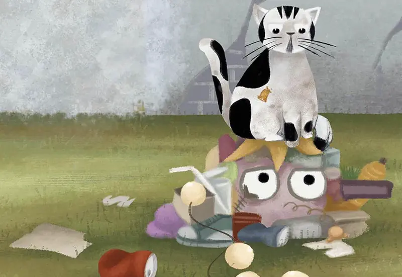 Grumpy cat sitting on sad pink trash monster surrounded by scattered junk in grass.