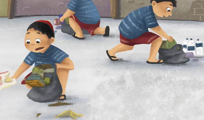 Three views of boy in striped shirt collecting trash into bags in outdoor area.