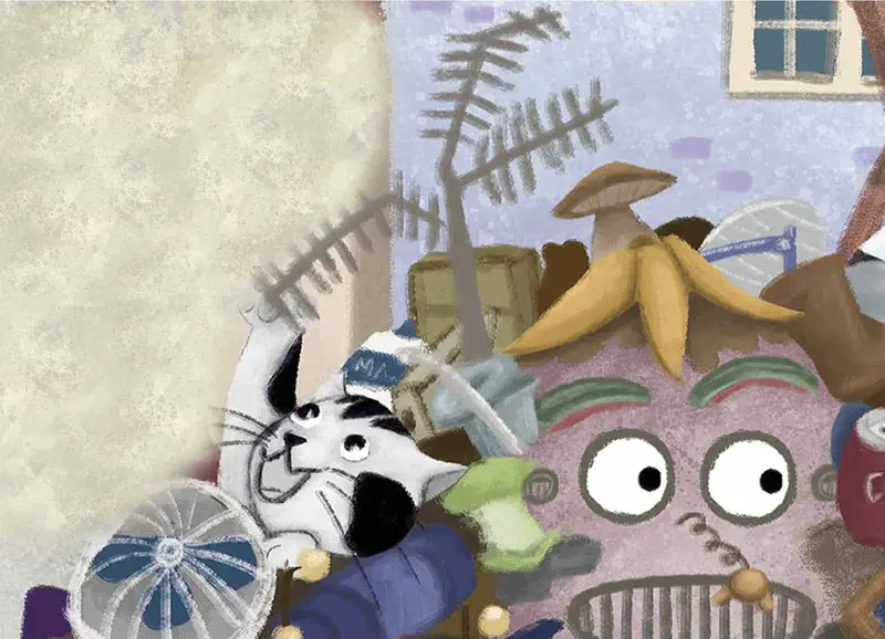 Cat waving paw from junk pile next to surprised pink trash monster with banana peel hat.