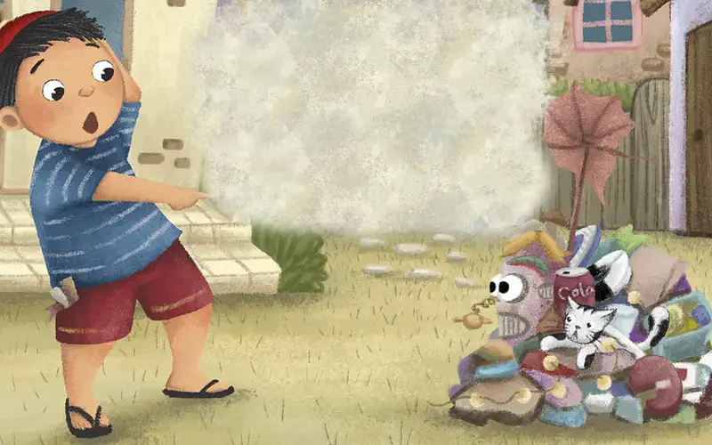 Boy pointing surprised at pink trash monster with cat hiding in junk pile near houses.