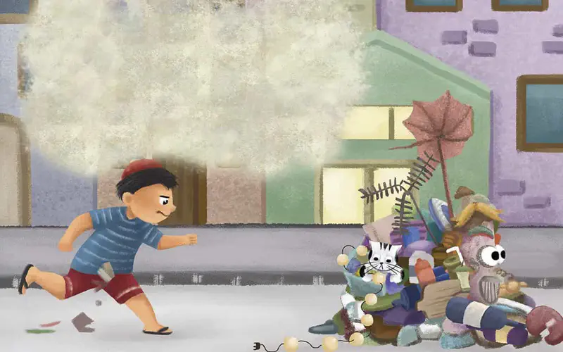 Determined boy running toward junk pile with cat and pink monster in city street.