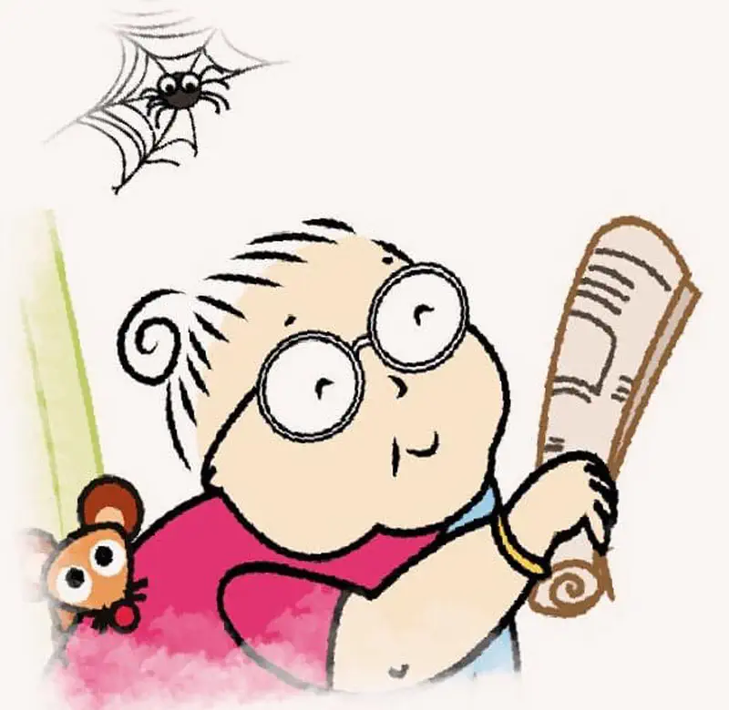 Grandmother with glasses holding rolled newspaper with mouse hiding behind her, spider web above.
