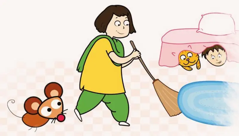 Mother sweeping floor while mouse runs past, boy and cat hiding under pink bed.