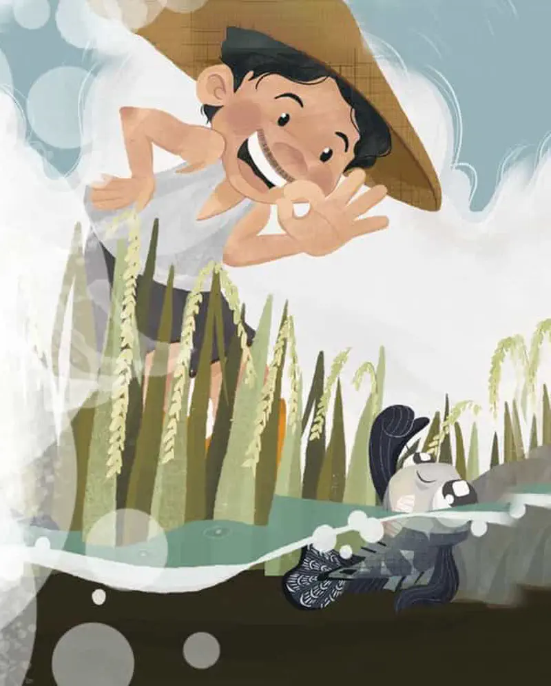 Four mudskipper fish looking up at large dust cloud in brown muddy field with plants.