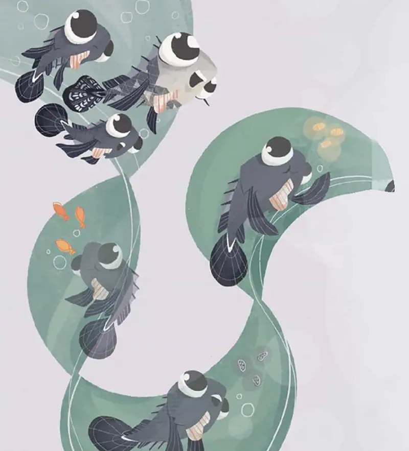 Happy mudskipper fish family swimming in flowing green water stream with swirling patterns.