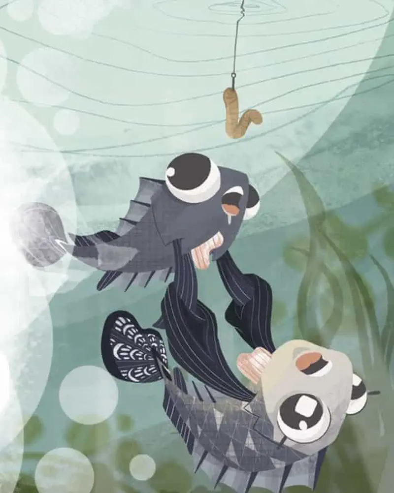 Mudskipper fish alone in murky shallow water with lily pads, snail watching from side.