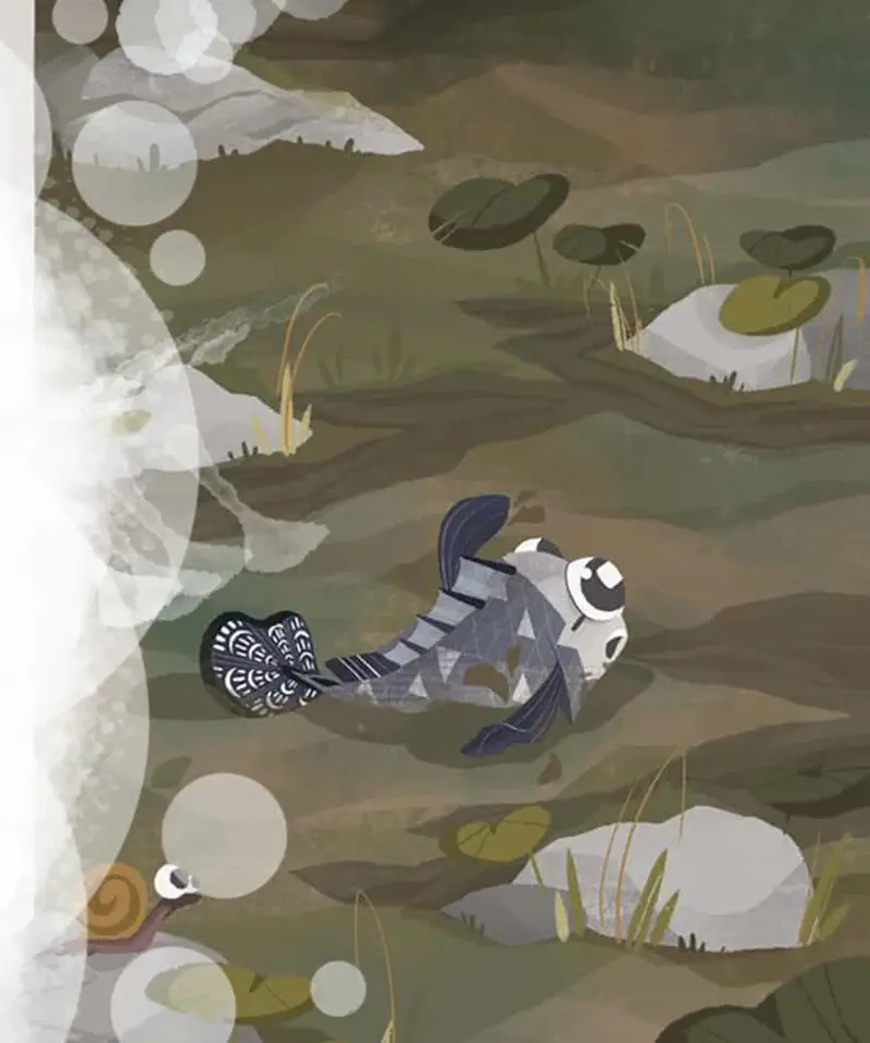 Three panel sequence showing mudskipper fish swimming through green water with bubbles.