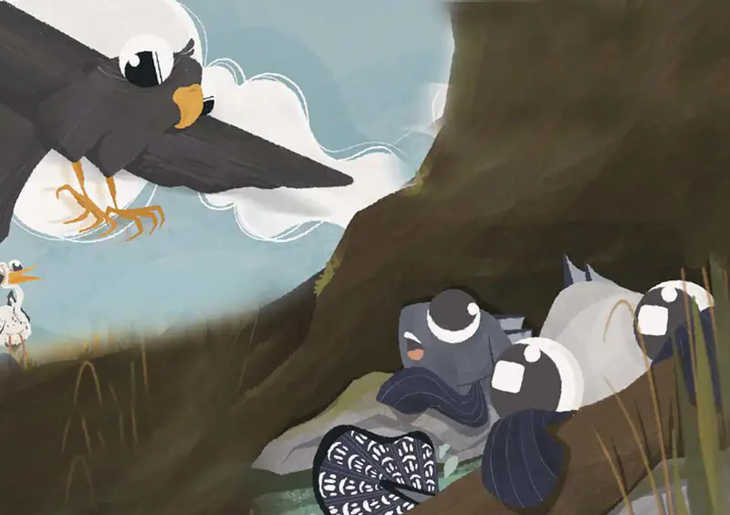 Eagle with spread wings flying above scared mudskipper fish hiding in grassy ravine.