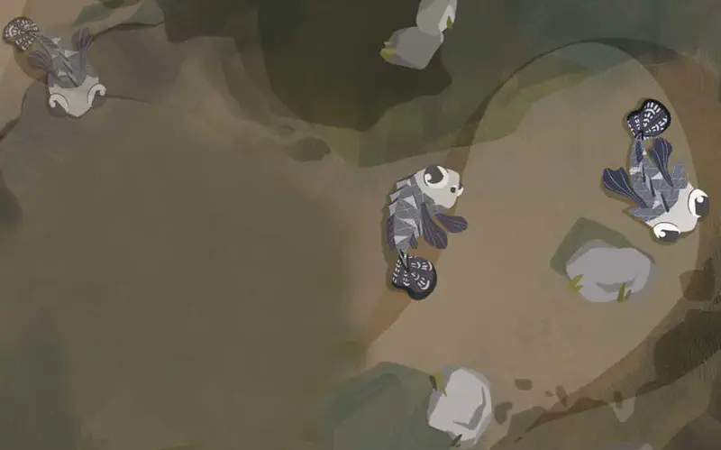 Eagle flying above scared mudskipper fish family hiding in grassy brown ravine.