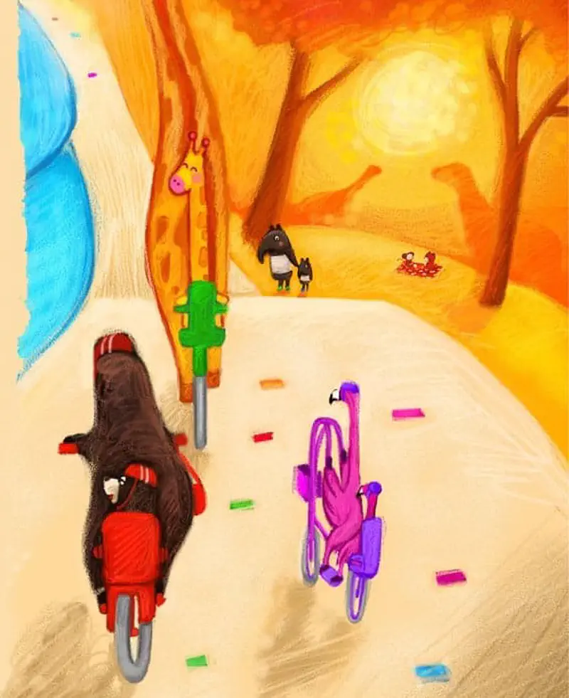 Brown bear on red bike and pink flamingo on purple bike riding on sunny path with animals.