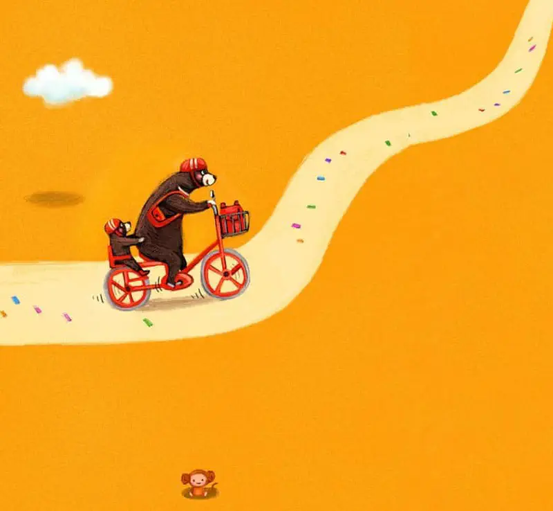 Brown bear with baby bear on red bike riding up winding yellow path against orange background.