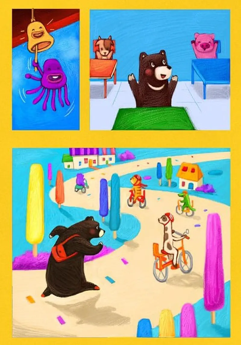 Three panels showing bear swimming, bear excited in classroom, and bear running with animals on bikes.