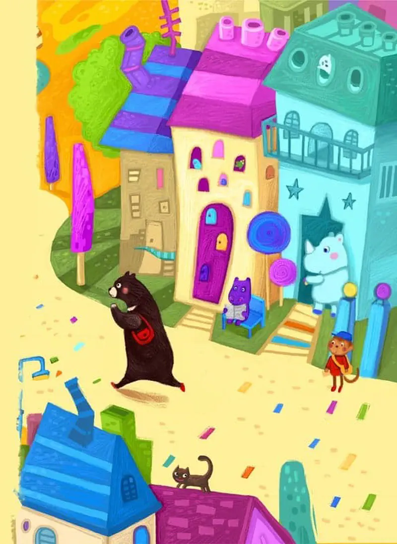 Bear walking through colorful village street with whimsical houses, cat on roof, monkey waving.