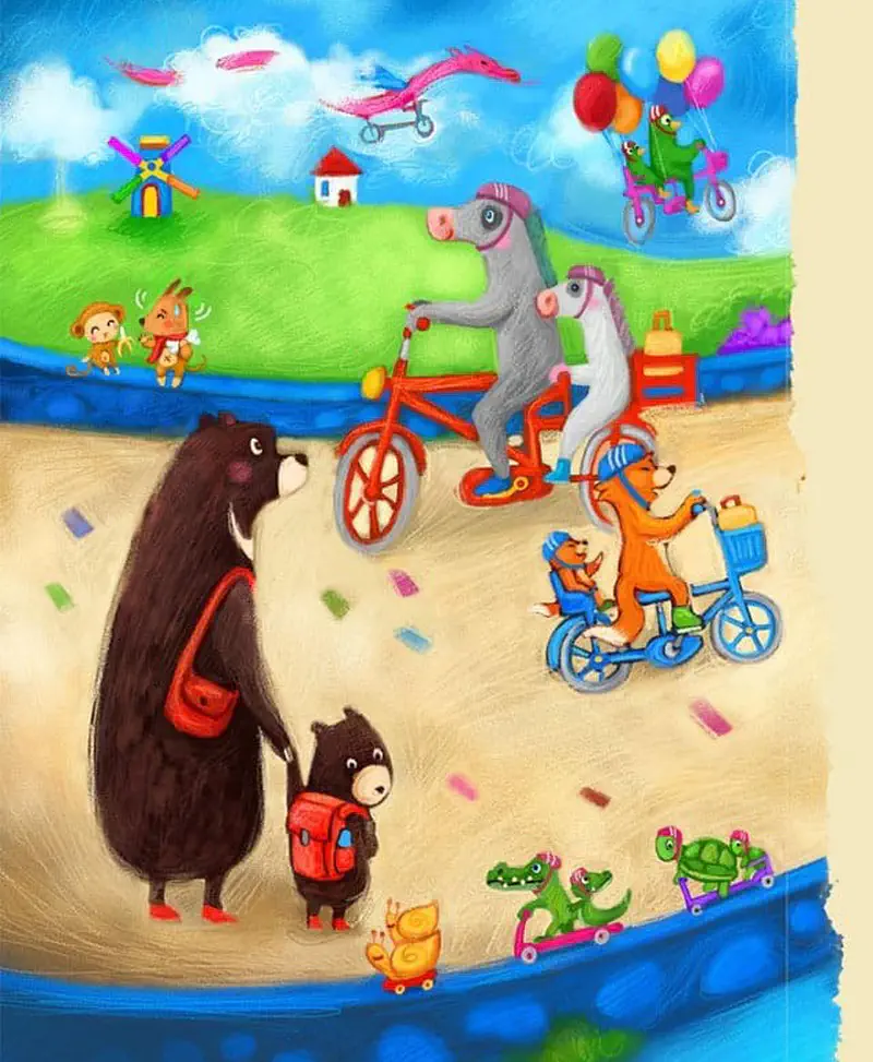 Mother bear and baby watching animals ride bikes past windmill with flying dragon plane and balloons.